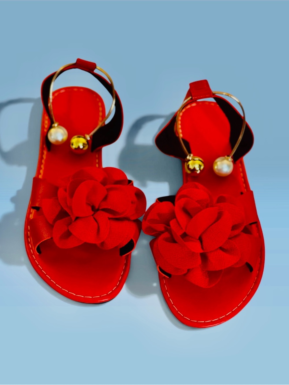Red Floral Pearl-Accent Women's Sandals